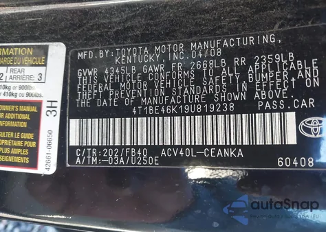 2009 Toyota Camry Le from USA, damaged, VIN 4T1BE46K19U819238